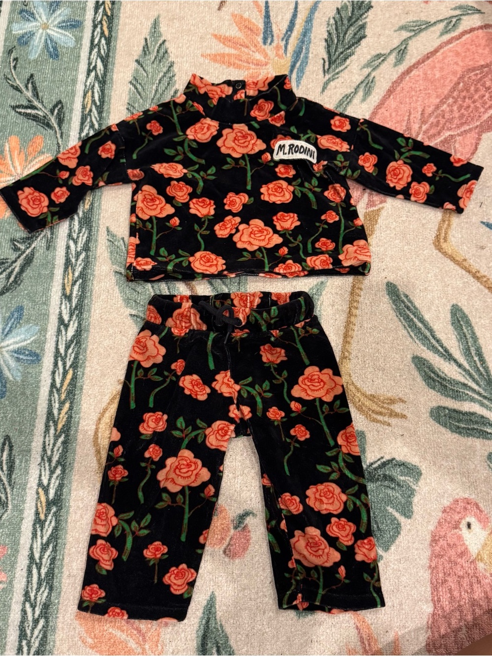 Mini Rodini Black & Coral Rose Outfit 9-18mo